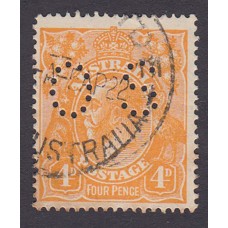 Australian    King George V    4d Orange   Single Crown WMK  Perf O.S. Plate Variety 1R3..